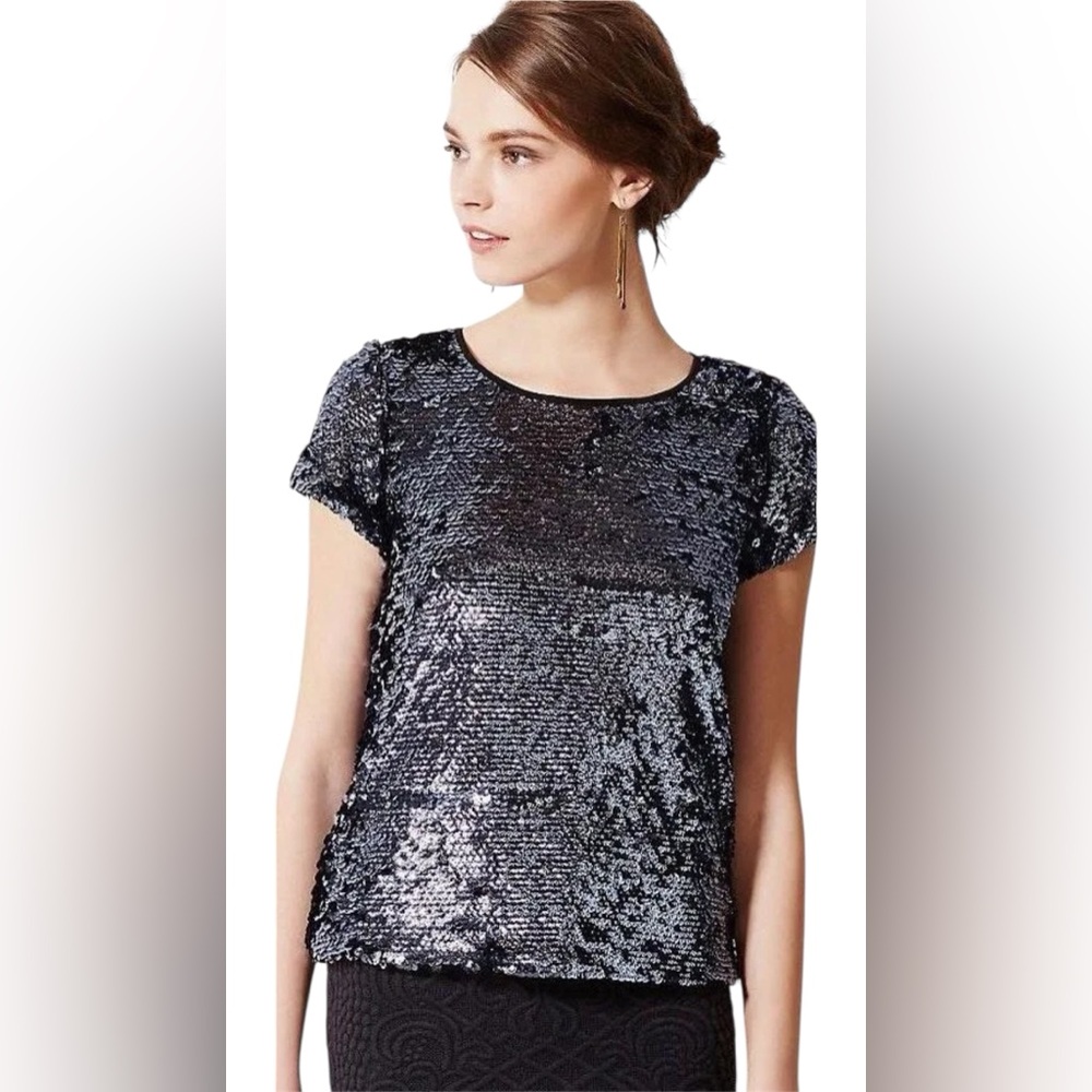 Anthropologie Leifsdottir Sequin Boxy Tee Navy Blue Short Sleeve Top✨